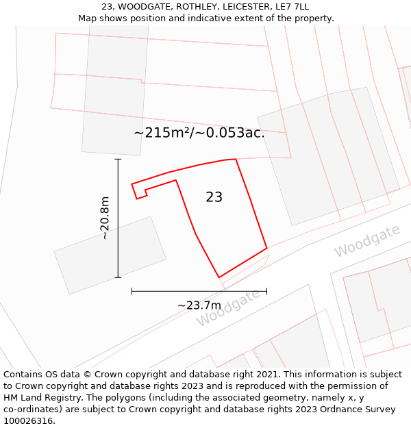 23, WOODGATE, ROTHLEY, LEICESTER, LE7 7LL: Plot and title map