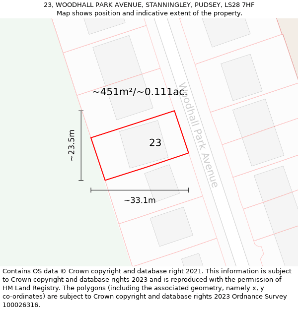 23, WOODHALL PARK AVENUE, STANNINGLEY, PUDSEY, LS28 7HF: Plot and title map