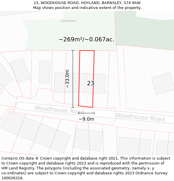 23, WOODHOUSE ROAD, HOYLAND, BARNSLEY, S74 9AW: Plot and title map