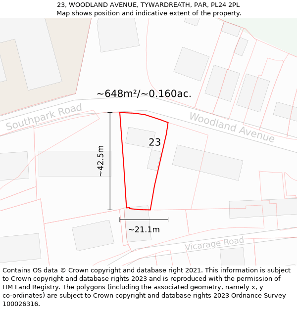 23, WOODLAND AVENUE, TYWARDREATH, PAR, PL24 2PL: Plot and title map