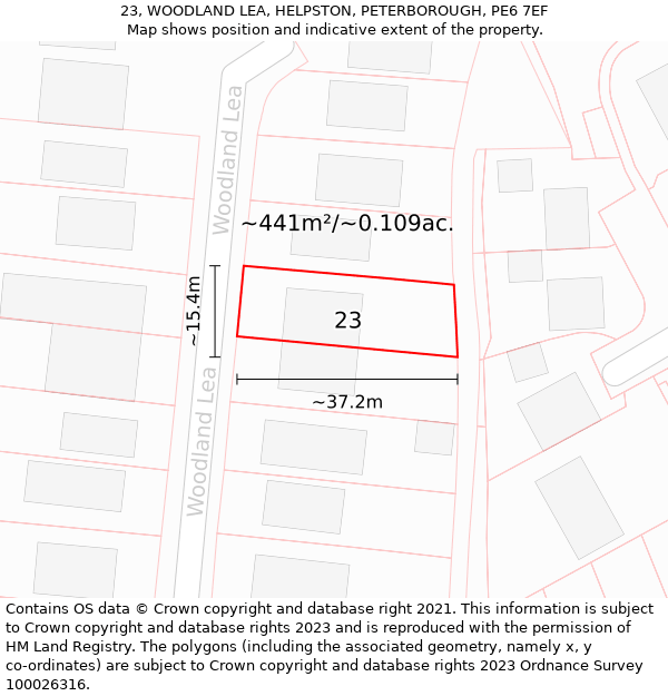 23, WOODLAND LEA, HELPSTON, PETERBOROUGH, PE6 7EF: Plot and title map