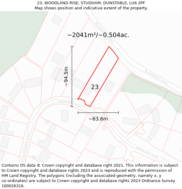 23, WOODLAND RISE, STUDHAM, DUNSTABLE, LU6 2PF: Plot and title map