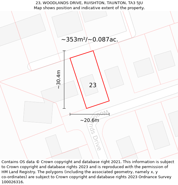 23, WOODLANDS DRIVE, RUISHTON, TAUNTON, TA3 5JU: Plot and title map