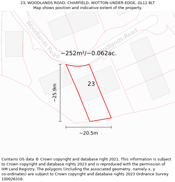 23, WOODLANDS ROAD, CHARFIELD, WOTTON-UNDER-EDGE, GL12 8LT: Plot and title map