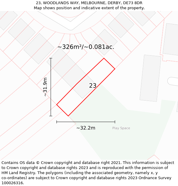 23, WOODLANDS WAY, MELBOURNE, DERBY, DE73 8DR: Plot and title map