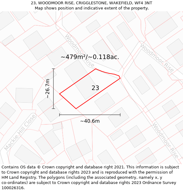 23, WOODMOOR RISE, CRIGGLESTONE, WAKEFIELD, WF4 3NT: Plot and title map