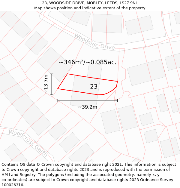 23, WOODSIDE DRIVE, MORLEY, LEEDS, LS27 9NL: Plot and title map