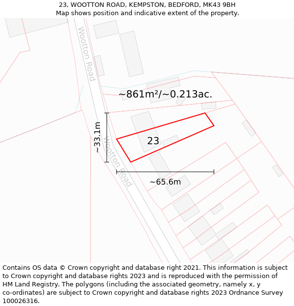 23, WOOTTON ROAD, KEMPSTON, BEDFORD, MK43 9BH: Plot and title map