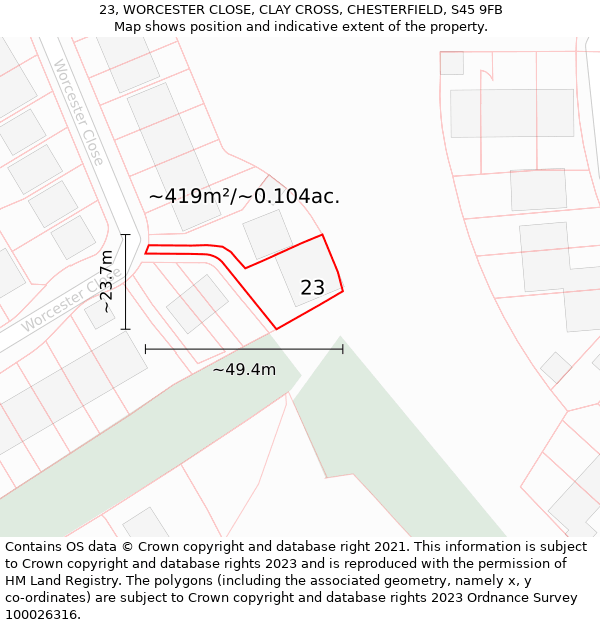 23, WORCESTER CLOSE, CLAY CROSS, CHESTERFIELD, S45 9FB: Plot and title map