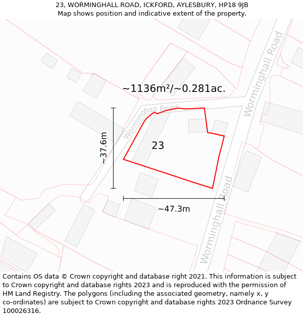 23, WORMINGHALL ROAD, ICKFORD, AYLESBURY, HP18 9JB: Plot and title map