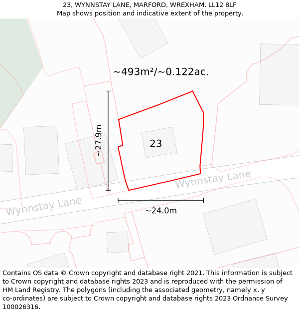 23, WYNNSTAY LANE, MARFORD, WREXHAM, LL12 8LF: Plot and title map