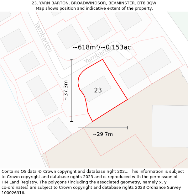 23, YARN BARTON, BROADWINDSOR, BEAMINSTER, DT8 3QW: Plot and title map