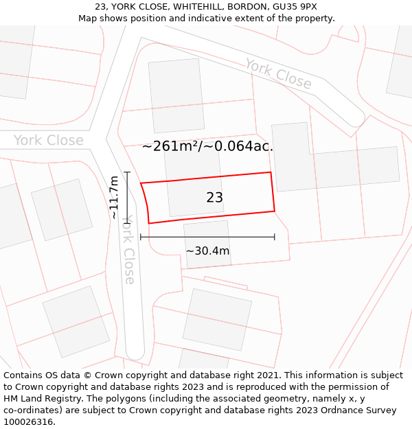 23, YORK CLOSE, WHITEHILL, BORDON, GU35 9PX: Plot and title map