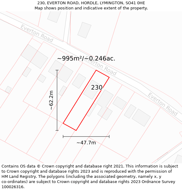 230, EVERTON ROAD, HORDLE, LYMINGTON, SO41 0HE: Plot and title map