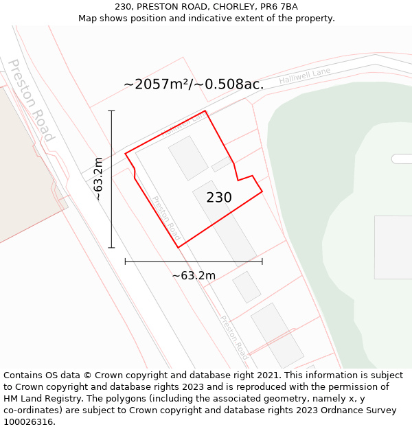 230, PRESTON ROAD, CHORLEY, PR6 7BA: Plot and title map