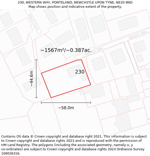 230, WESTERN WAY, PONTELAND, NEWCASTLE UPON TYNE, NE20 9ND: Plot and title map