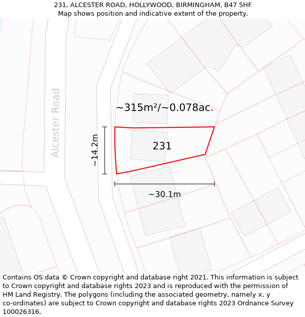 231, ALCESTER ROAD, HOLLYWOOD, BIRMINGHAM, B47 5HF: Plot and title map