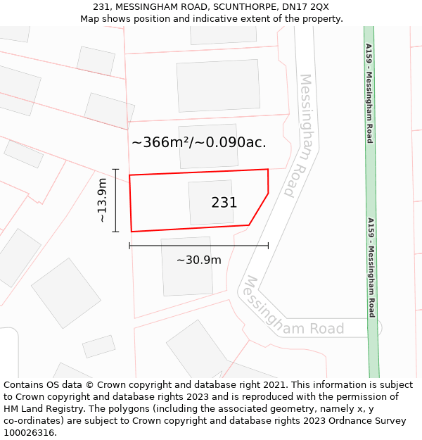 231, MESSINGHAM ROAD, SCUNTHORPE, DN17 2QX: Plot and title map