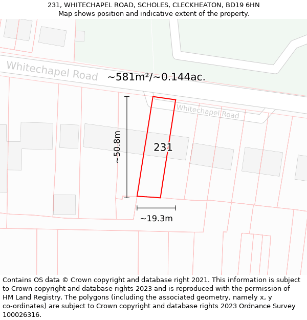 231, WHITECHAPEL ROAD, SCHOLES, CLECKHEATON, BD19 6HN: Plot and title map