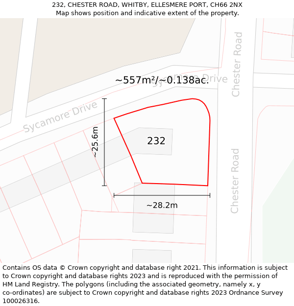 232, CHESTER ROAD, WHITBY, ELLESMERE PORT, CH66 2NX: Plot and title map