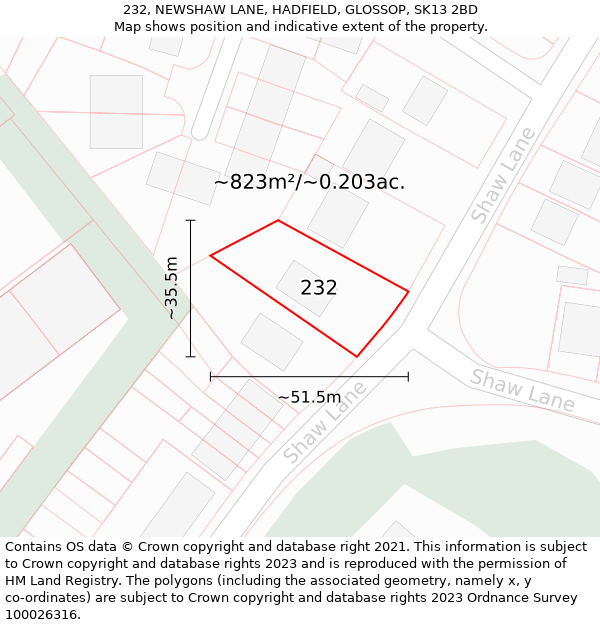 232, NEWSHAW LANE, HADFIELD, GLOSSOP, SK13 2BD: Plot and title map