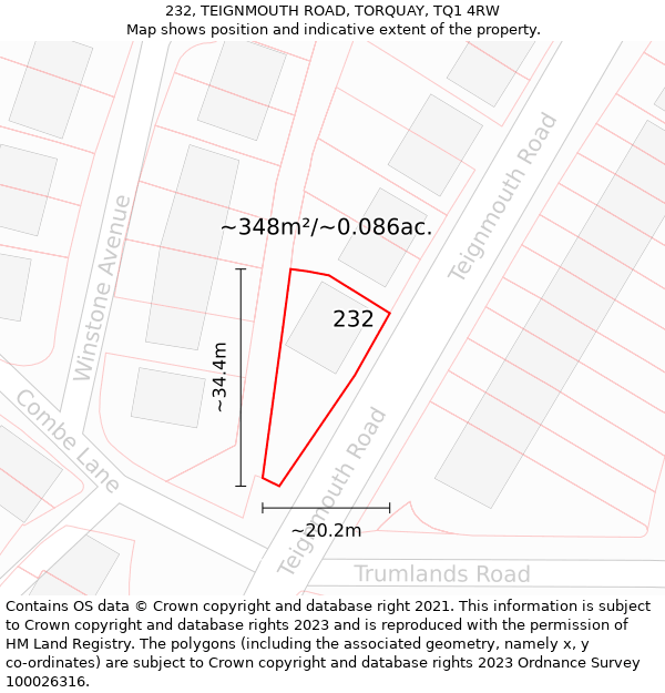 232, TEIGNMOUTH ROAD, TORQUAY, TQ1 4RW: Plot and title map