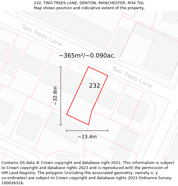 232, TWO TREES LANE, DENTON, MANCHESTER, M34 7GL: Plot and title map