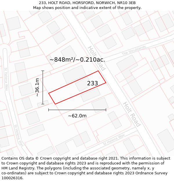 233, HOLT ROAD, HORSFORD, NORWICH, NR10 3EB: Plot and title map