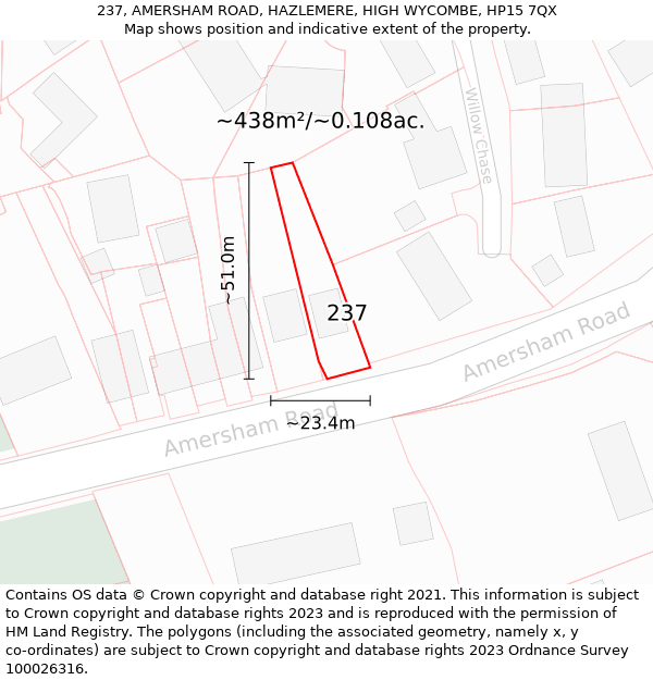 237, AMERSHAM ROAD, HAZLEMERE, HIGH WYCOMBE, HP15 7QX: Plot and title map