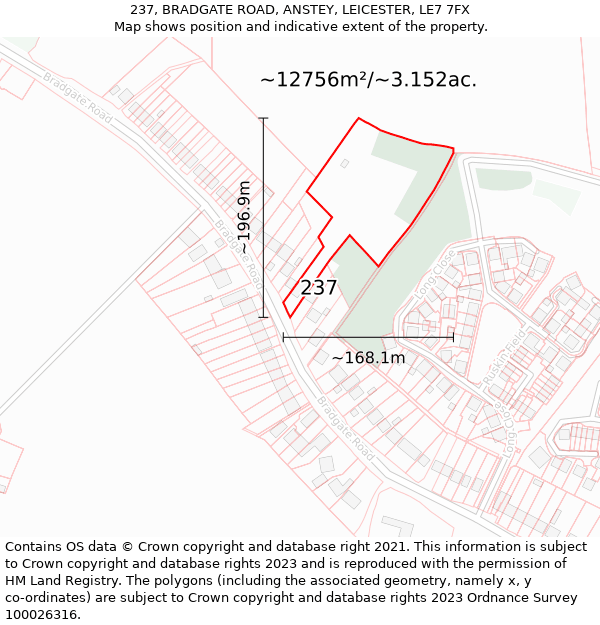 237, BRADGATE ROAD, ANSTEY, LEICESTER, LE7 7FX: Plot and title map