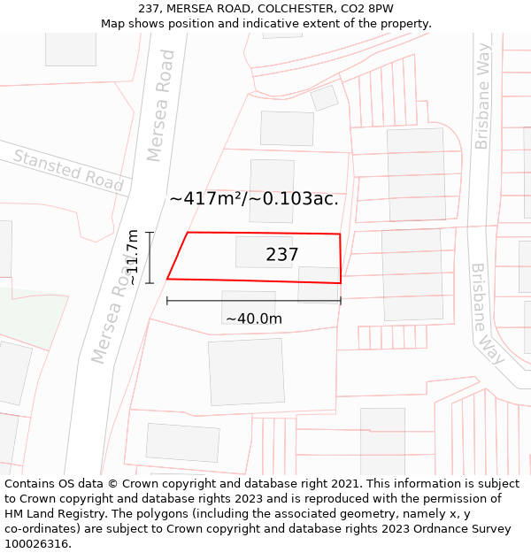 237, MERSEA ROAD, COLCHESTER, CO2 8PW: Plot and title map