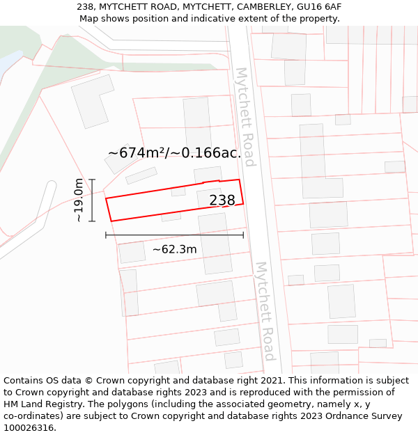 238, MYTCHETT ROAD, MYTCHETT, CAMBERLEY, GU16 6AF: Plot and title map