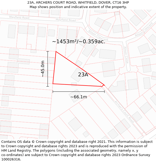 23A, ARCHERS COURT ROAD, WHITFIELD, DOVER, CT16 3HP: Plot and title map