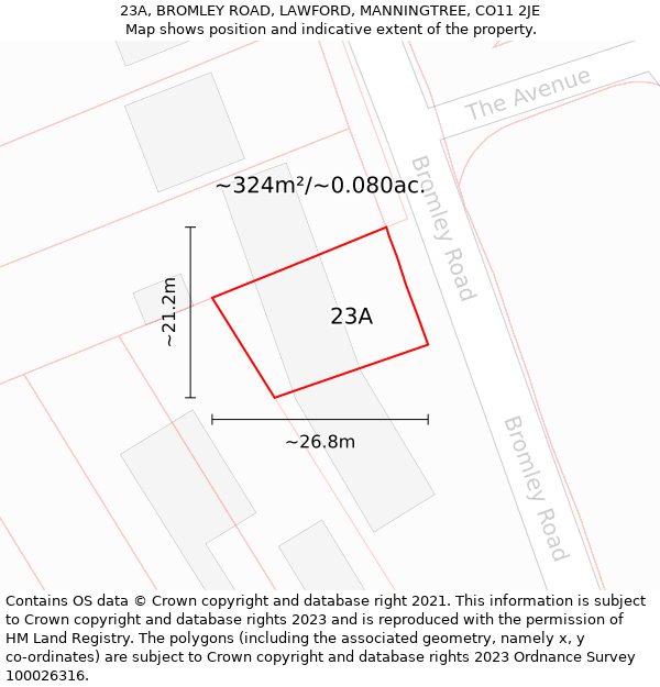 23A, BROMLEY ROAD, LAWFORD, MANNINGTREE, CO11 2JE: Plot and title map