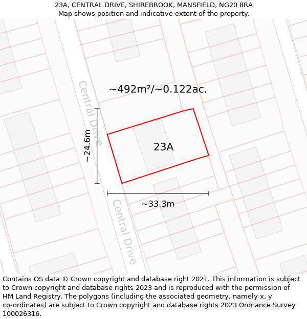 23A, CENTRAL DRIVE, SHIREBROOK, MANSFIELD, NG20 8RA: Plot and title map