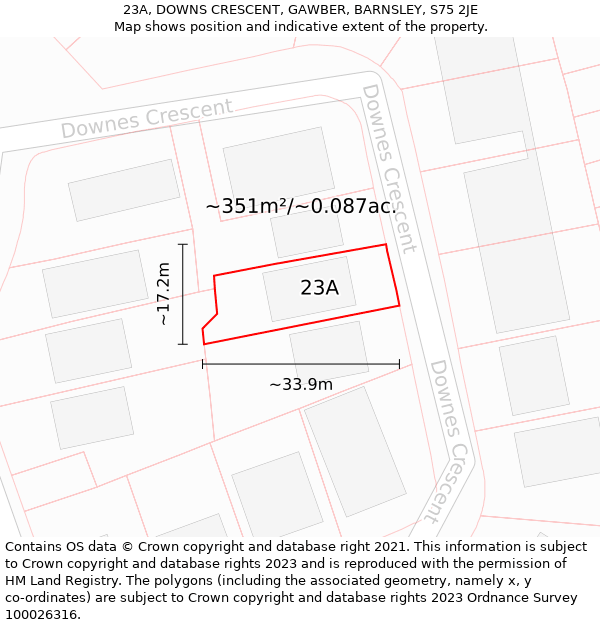 23A, DOWNS CRESCENT, GAWBER, BARNSLEY, S75 2JE: Plot and title map