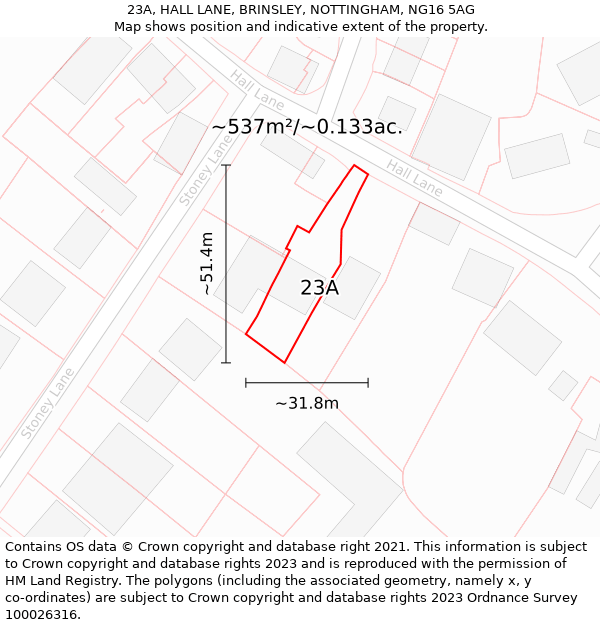 23A, HALL LANE, BRINSLEY, NOTTINGHAM, NG16 5AG: Plot and title map