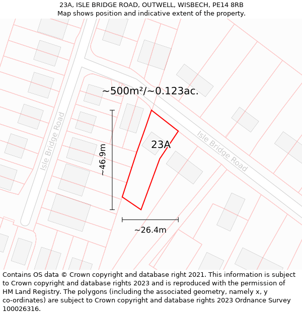 23A, ISLE BRIDGE ROAD, OUTWELL, WISBECH, PE14 8RB: Plot and title map