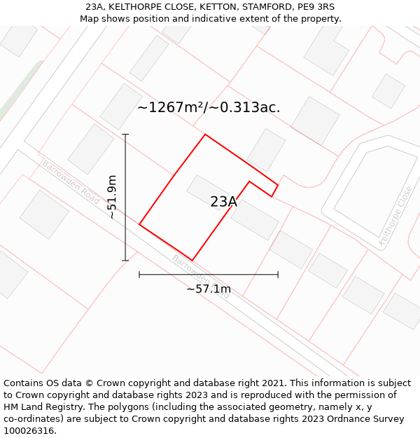 23A, KELTHORPE CLOSE, KETTON, STAMFORD, PE9 3RS: Plot and title map