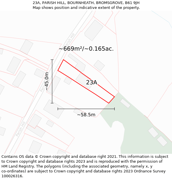 23A, PARISH HILL, BOURNHEATH, BROMSGROVE, B61 9JH: Plot and title map