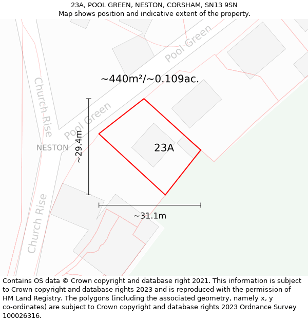 23A, POOL GREEN, NESTON, CORSHAM, SN13 9SN: Plot and title map