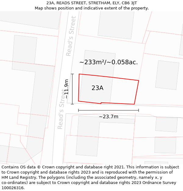 23A, READS STREET, STRETHAM, ELY, CB6 3JT: Plot and title map