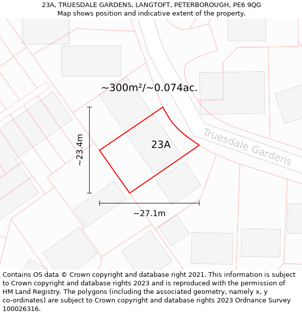 23A, TRUESDALE GARDENS, LANGTOFT, PETERBOROUGH, PE6 9QG: Plot and title map