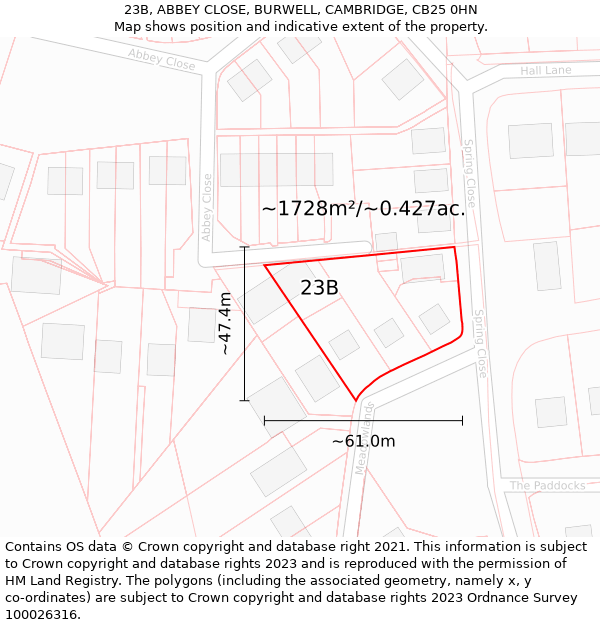 23B, ABBEY CLOSE, BURWELL, CAMBRIDGE, CB25 0HN: Plot and title map