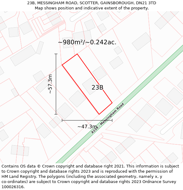 23B, MESSINGHAM ROAD, SCOTTER, GAINSBOROUGH, DN21 3TD: Plot and title map