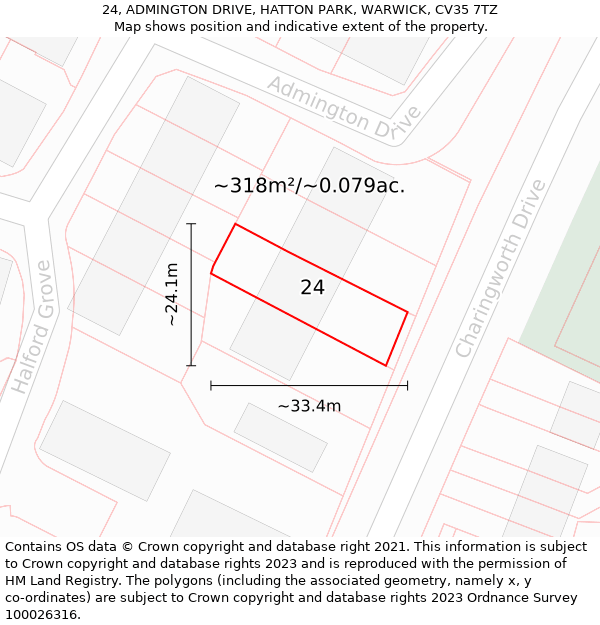 24, ADMINGTON DRIVE, HATTON PARK, WARWICK, CV35 7TZ: Plot and title map