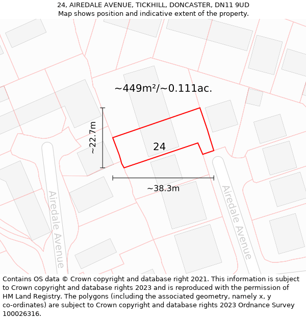 24, AIREDALE AVENUE, TICKHILL, DONCASTER, DN11 9UD: Plot and title map