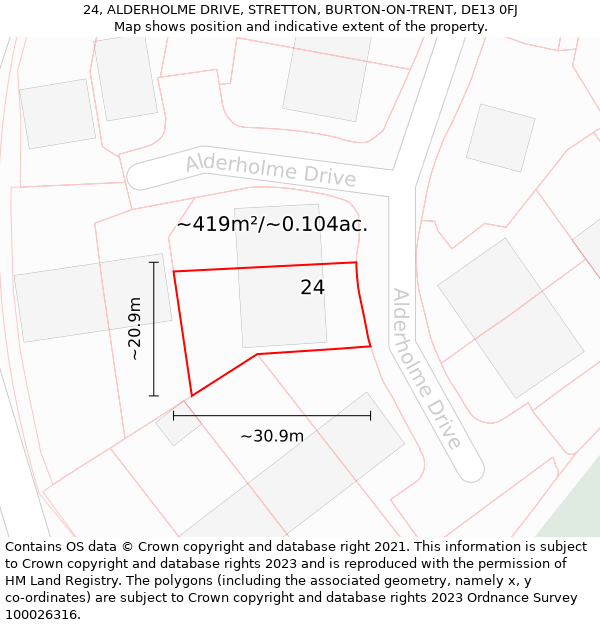 24, ALDERHOLME DRIVE, STRETTON, BURTON-ON-TRENT, DE13 0FJ: Plot and title map