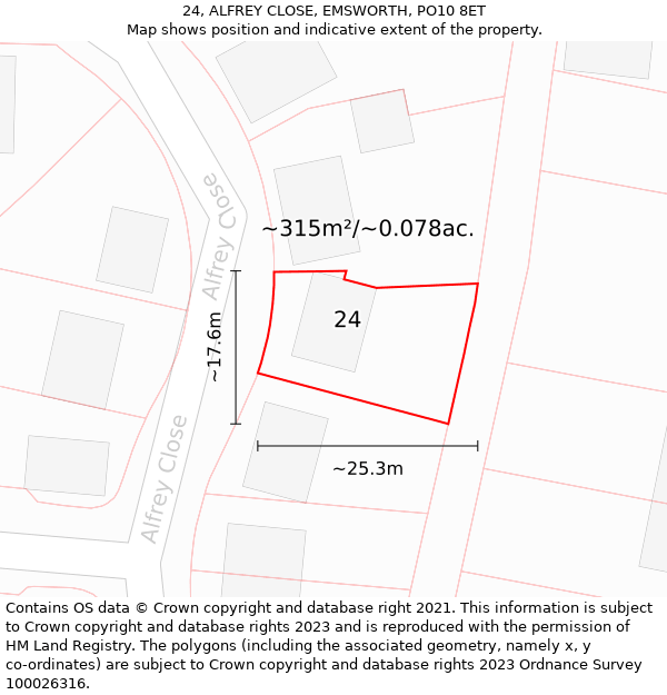 24, ALFREY CLOSE, EMSWORTH, PO10 8ET: Plot and title map