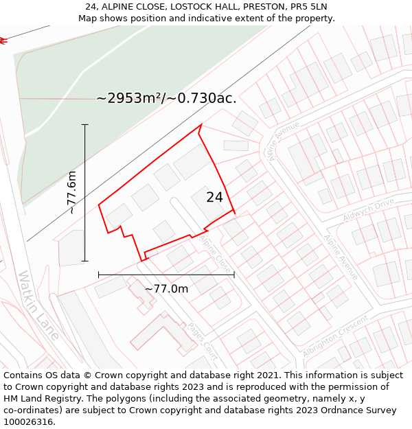 24, ALPINE CLOSE, LOSTOCK HALL, PRESTON, PR5 5LN: Plot and title map